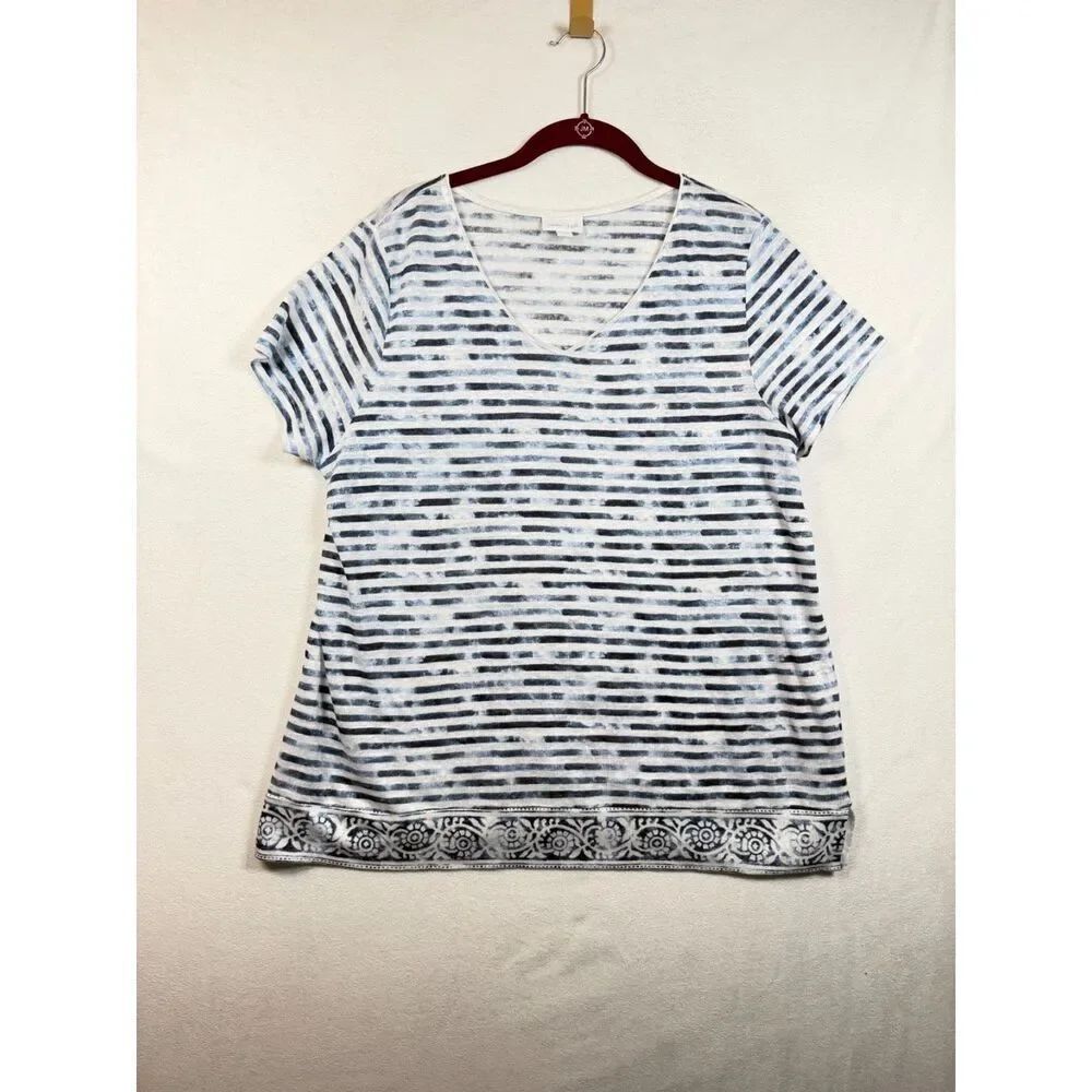 J Jill Love Linen L Blue White Striped 100% Linen Top V Neck Border Hem